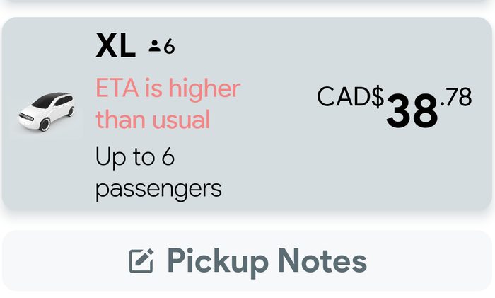 Uride app showing an XL ride option and a Pickup Notes button