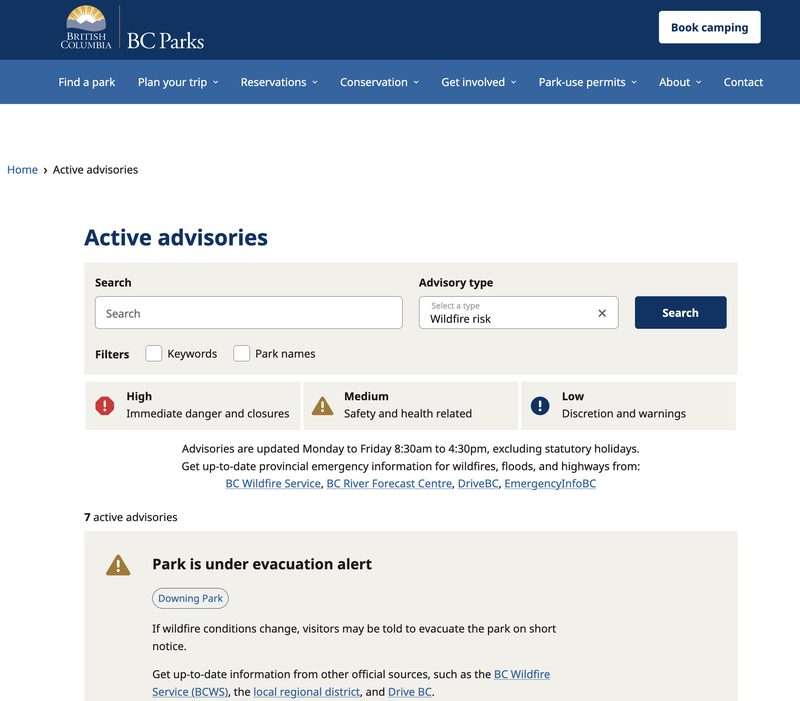 BC Parks active advisories page filtered to wildfire risk