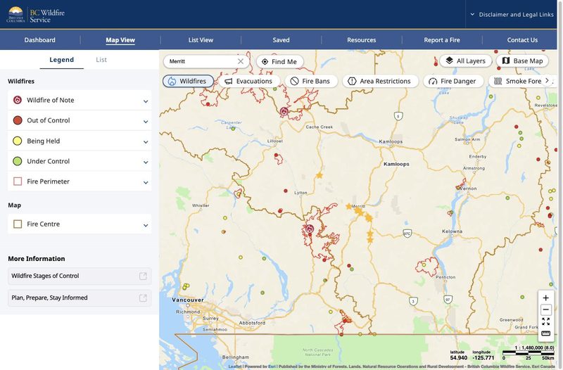 BC Wildfire Service map showing active fires and perimeters between Vancouver and Kamloops