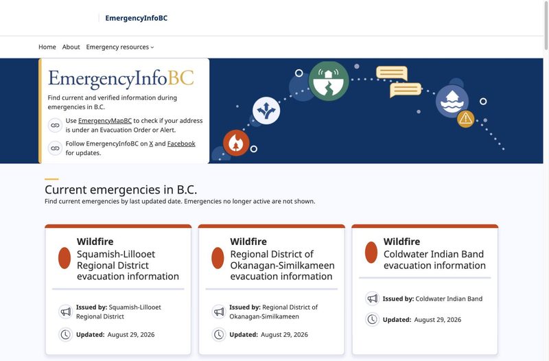 EmergencyInfoBC front page listing current wildfire evacuation information