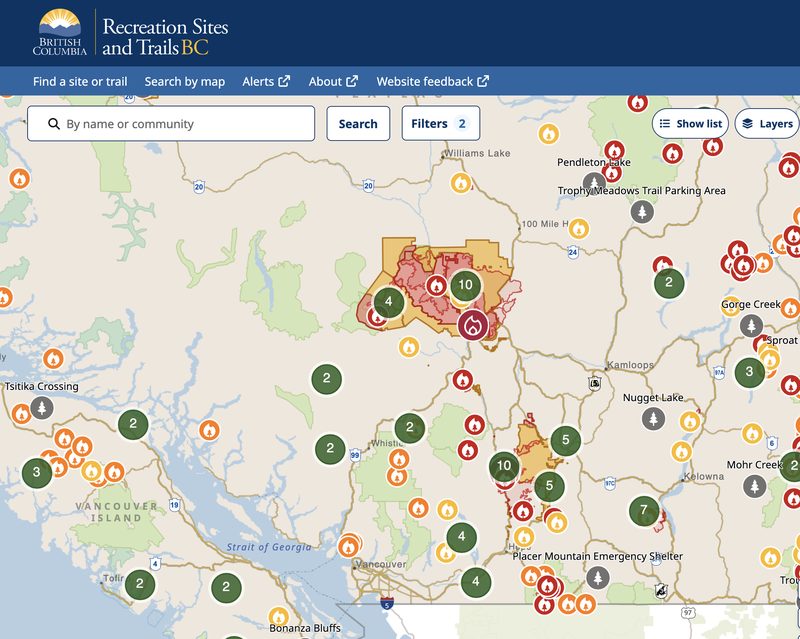 Rec Sites and Trails BC map showing closed sites and trails