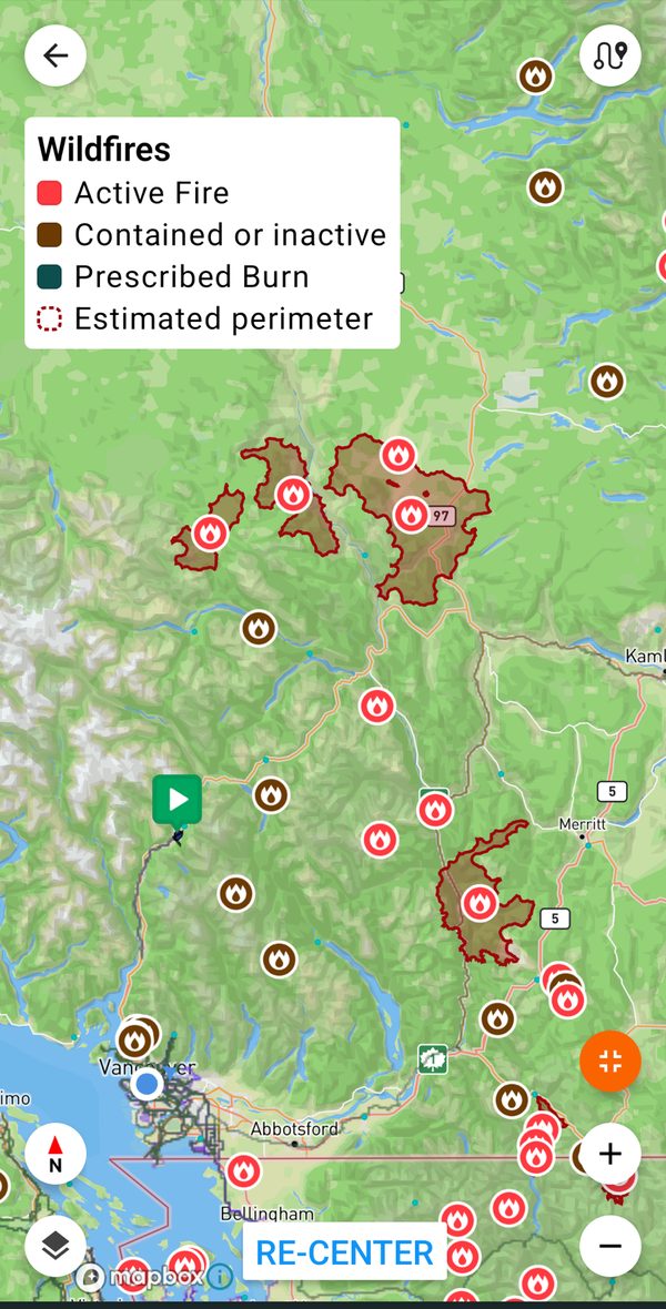 Ride with GPS mobile app with the wildfire map layer enabled