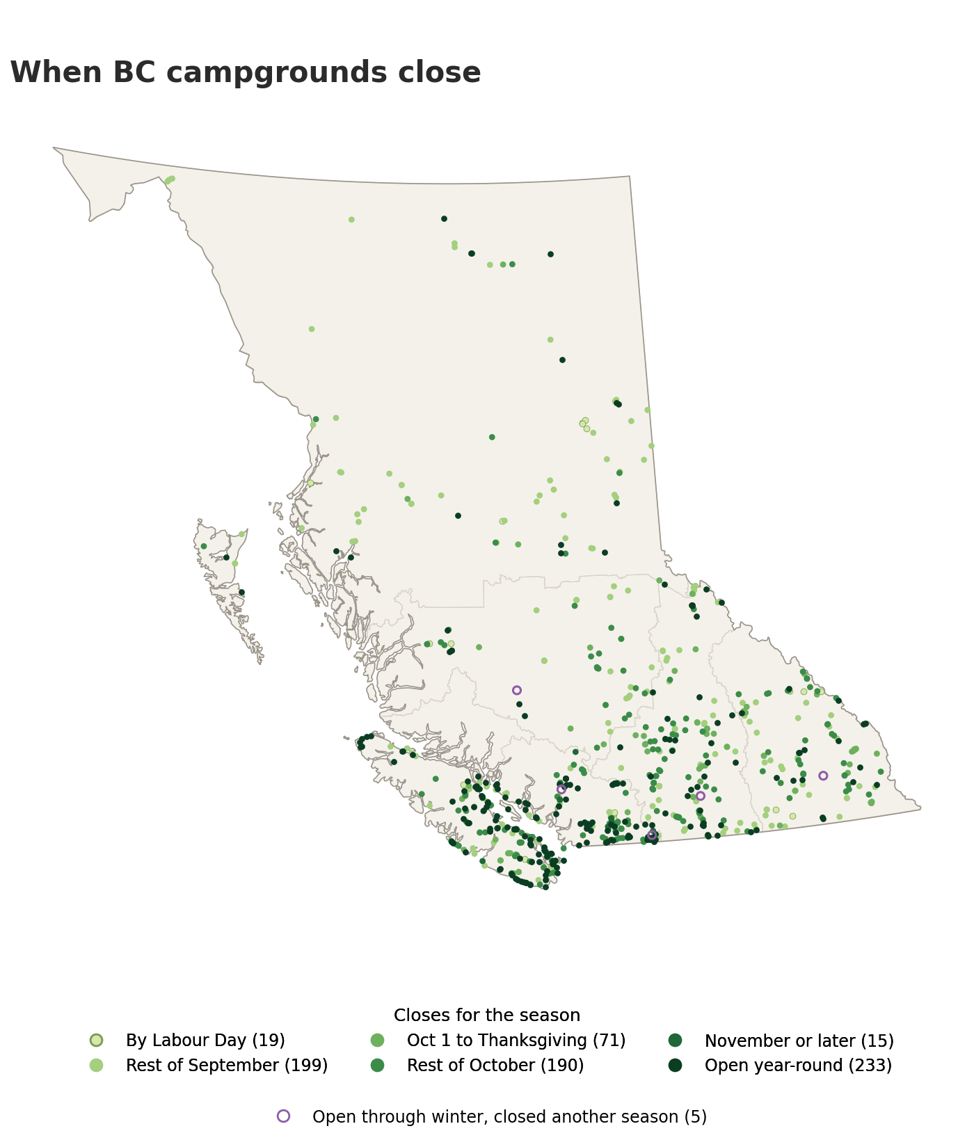 Map of BC campgrounds shaded by when they close for the season